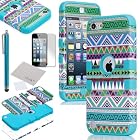 Pandamimi ULAK 3 in 1 Hybrid Green Hard Aztec Tribal Pattern and Blue Silicon Case Cover For Apple iPod Touch 5th Generation + Screen Protector + Blue Stylus