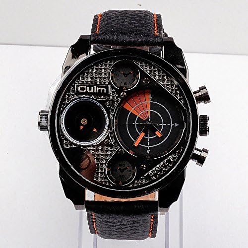 Aselling Men's Military Army Oversize Two Time Zones GMT 2 Dials Analog Sports Climbing Style Wrist Watch Black Leatherette Band
