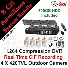 Q-SEE QS408-403-5 8 CH Complete CCTV Bundle Package Kit: 8 Channels H.264 Real Time CIF / D1 Network Standalone Surveillance DVR500GB HDD, 4 X 420TVL 1/4