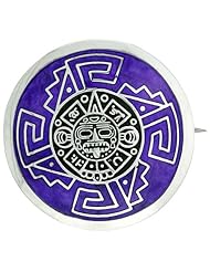Sterling Silver Aztec Calendar Mandala Brooch Pin Pendant w/ Purple Enamel Background, 1 1/2 inch wide