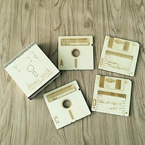 Set of 4 Vintage Wooden Floppy Disk Coasters - Retro Coaster Set For Computer Geeks