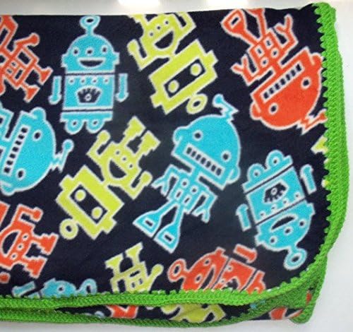 Neon Green Crochet Edge Robots, Aliens, Fleece Throw Blanket