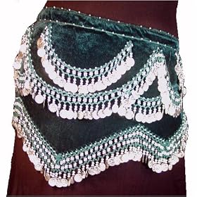 Coin Hip Scarf, Belly Dancers Half Moon Zigzag Velvet Rectangle