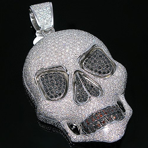 14K White Gold Mens Diamond Skull Pendant  Black 