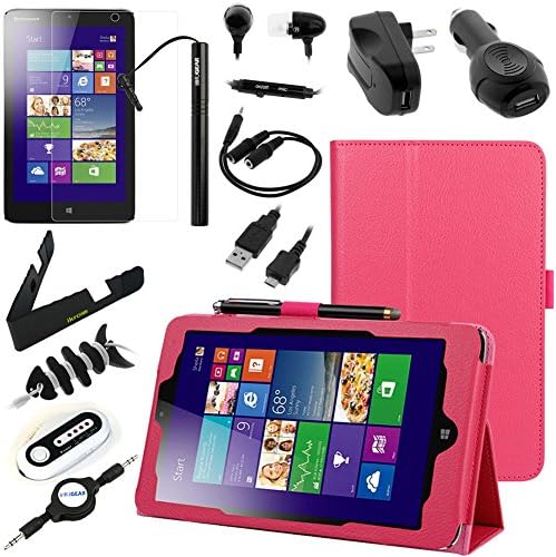 BIRUGEAR 12 Items Essential Accessories Bundle kit for Lenovo Miix2 8'' Windows 8.1 Tablet ( Hot Pink SlimBook Leather Folio Stand Case Cover included)