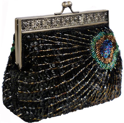 Antique Black Beaded Sequin Turquoise Sunburst Clutch Evening Handbag Purse w/ 2 Detachable Chains Antique Black Beaded Sequin Turquoise Sunburst Clutch Evening Handbag Purse w/ 2 Detachable Chains