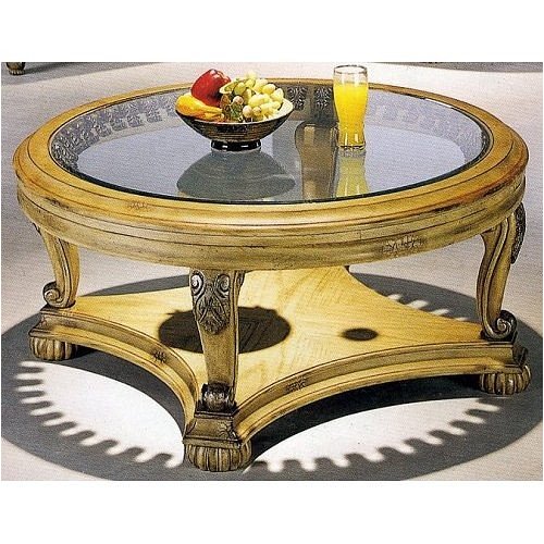 Kitchen: Antique Bone Finish Round Coffee Table w/ Bevelled Glass Insert By Coaster Furniture