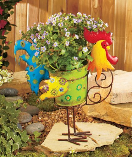 Vibrant Rooster Chicken Country Barnyard Whimsical Colorful Metal Garden Flower Pot Planter Adorable Spring Plant Herb Flowers Holder Yard Decor