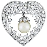 Silver Tone Heart Studded Acrylic Pearl Pin Brooch