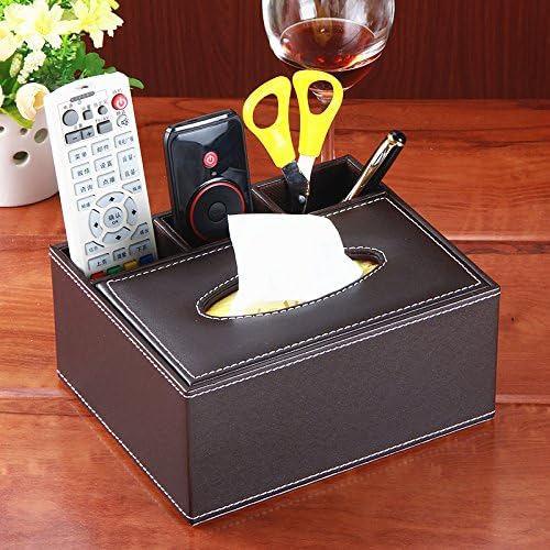 Freegong PU Leather 2 in 1 Storage Box Holder Remote Control, Electronics, Coffee or Office Supplies Desk Organizer &amp; Storage With Rectangular Tissue Box Cover Napkin Paper Box (Brown)