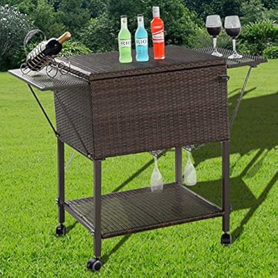 Giantex Portable Rattan Cooler Cart Trolley Outdoor Patio Pool Party Ice Drinks Brown
