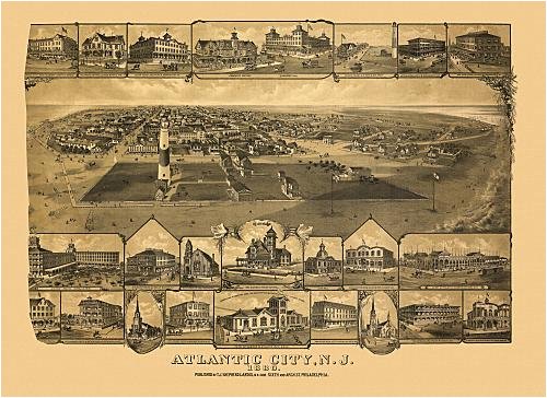 Historic Maps - Atlantic City Bird's Eye View Map 1880 New Jersey - Atlantic County - Atlantic City, N.J. 1880. 36x54