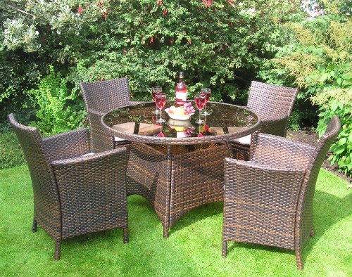 Rattan 9pc Wicker Outdoor Garden conservatory furniture Set , 4 Armchairs with Cushions and a 110cm Smoked Glass topTable