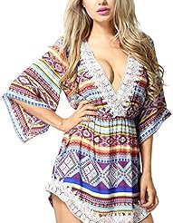 Sexy A-line V-neck Summer Elasticized   Waistline Lace Floral Print Cotton Short Party Dress/Mini Dress 