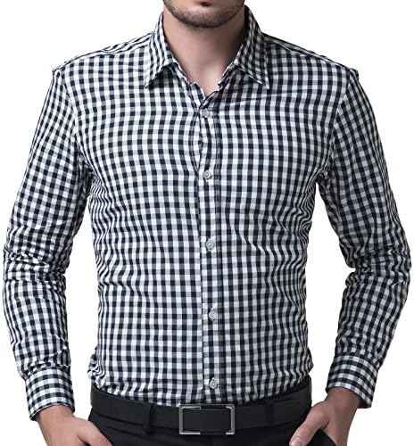 PAUL JONES Mens Plaid Casual Long Sleeve Shirts Dress Cotton Navy Blue (XL)
