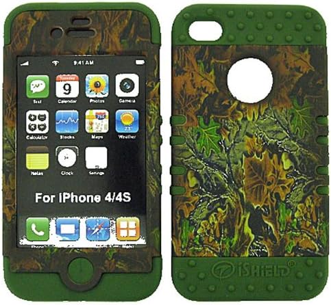 APPLE IPHONE 4 4S CAMO MOSSY OAK HEAVY DUTY CASE + DARK GREEN GEL SKIN SNAP-ON PROTECTOR ACCESSORY