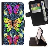 Momo Phone Case / Wallet Leather Case Cover With Card Slots - Yellow Vibrant Tribal Tattoo Butterfly - Samsung Galaxy S5 Mini, SM-G800