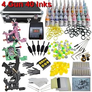 Professional Tattoo Kit with 4 Tattoo Machine, LCD Power Supply, and 40 Color ink, Model DVK-3