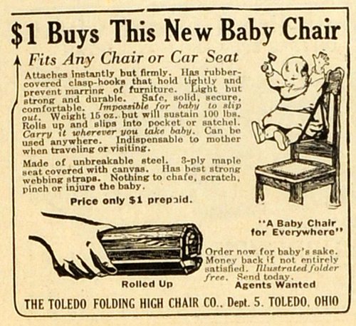 1914 Ad Toledo Folding Chairs High Seat Baby Newborn Portable Sitting Furniture - Original Print Ad