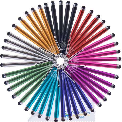 The Friendly Swede Basics - Bundle of 45 Universal Stylus Capacitive Touch Screen Pens for Tablets and Phones + 2x10 Detachable Tether Strings (Short + Long Elastic) + Cleaning Cloth