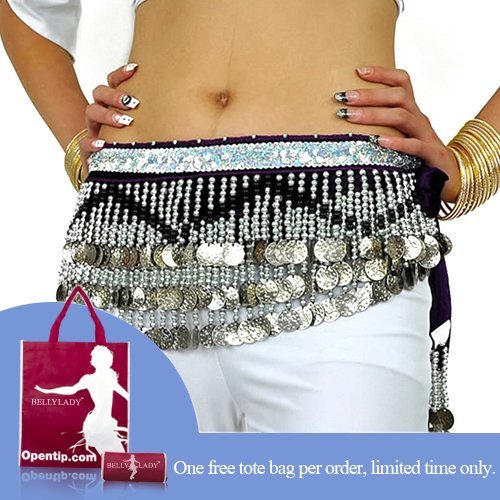 BellyLady Multi-Row Belly Dance Hip scarf, With Silver Coins And Black Beads