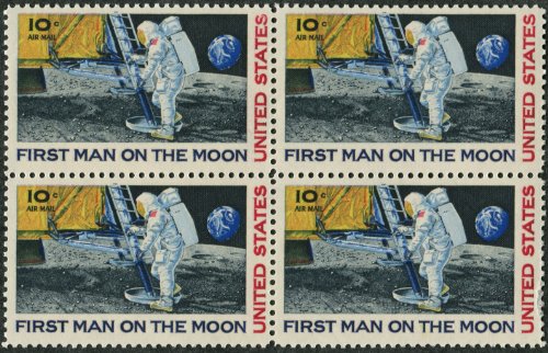 FIRST MAN ON THE MOON ~ NEIL ARMSTRONG ~ SPACE ~ MOON LANDING ~ AIRMAIL #C076 Block of 4 by 10¢ US Postage Stamps
