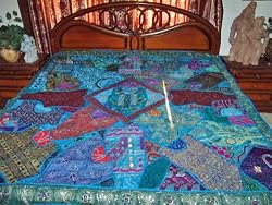 Tturquoise Blues Zardozi Embroidered Beaded Sari Tapestry Bedspread Coverlet Throw India 80x80