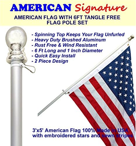 American Flag with Pole set By American Signature: Includes Outdoor Nylon US Flag Made in USA with Sewn Stripes and Embroidered Stars, 6 Foot Aluminum Tangle Free Spinning Flag Pole. (Silver Pole)