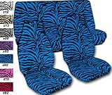 Complete set of seat covers. Black and blue zebra car seat covers for the front and rear seats of a 2001 Toyota Camry.