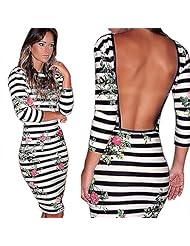 Sexy Striped Print 3/4 Sleeves Polyester/Spandex Backless Bandage Dress/Bodycon Dress/Party Dress 
