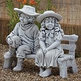 Large Garden Statues - Boy & Girl on Bench Stone Sculpture