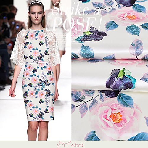 Elastic Silk Satin Fabric with Pink Rose Print Pattern, Designer Fashion Floral Silk Fabric By the Yard