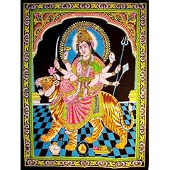 Indisches Wandbild Durga auf dem Tiger reitend L-103x77cm Baumwolle Devi