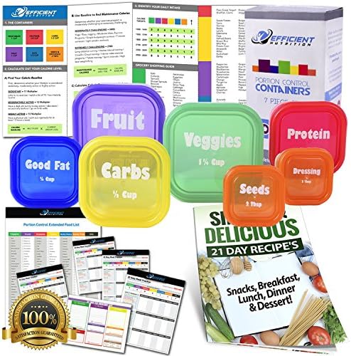 PREMIUM LABELED Portion Control Containers Kit (7-Piece) with COMPLETE GUIDE + 21 DAY PLANNER + RECIPE eBOOK by Efficient Nutrition - BPA FREE Color Coded Meal Prep System for Diet and Weight Loss