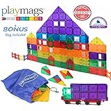 Award Winning Playmags Clear Colors Magnetic Tiles Deluxe Building Set 100 Piece Set with Car + Includes Free Bonus Bag - Great Gift for Kids