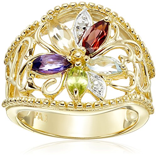 18k Gold-Plated Sterling Silver Multi-Gemstone Floral Ring