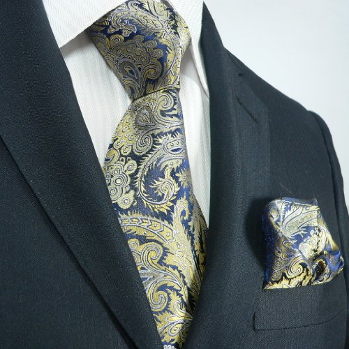 Landisun 16K Navy Blue Gold Paisleys Mens Silk Tie Set: Tie+Hanky &Plastic Hook