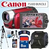 Canon FS300 41x Flash Memory Camcorder in Red with 8GB Accessory Bundle