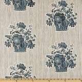 44” Wide Bower Beauties Floral Basket Stripe Blue/Cream Fabric By The Yard