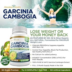 75% HCA PURE GARCINIA CAMBOGIA FORMULA PLUS - (DOES NOT CONTAIN CALCIUM) 180 Veggie Capsules = Full 45 Day Supply (50% more than other brands) ★ LOSE WEIGHT OR YOUR MONEY BACK ★ - 1600MG/Per Serving for Maximum Results - All Natural Appetite Suppressant and Weight Loss Supplement - Dr. OZ - Reviews - * BONUS * - FREE best selling ebook with every order