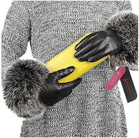 Drasawee Womens GENUINE Lambskin LEATHER Real FOX Fur winter warm gloves Large