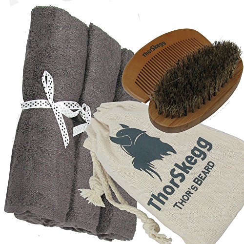 Best Beard Grooming Kit From ThorSkegg Man-Sized 14" x 14" Grey Bamboo Washcloths Best At-Home Hot Towel Treatment 100% Natural Boar Bristle Hair Brush Bamboo Wooden Comb For All Beard Styles - Grey