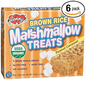 Glenny's Brown Rice Marshmallow Treats, Peanut Caramel, 5-Count Boxes (Pack of 6)