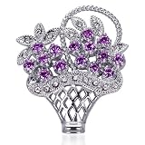 Bask in the Spirit of Spring: Sterling Silver Rhodium Finish Vintage Floral Basket Brooch with Lavender CZ and White Crystals