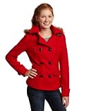 pea coat  Heavy dump Seller  Southpole Juniors Faux Fur Hooded Double Breasted Fashion Peacoat, Red, Small