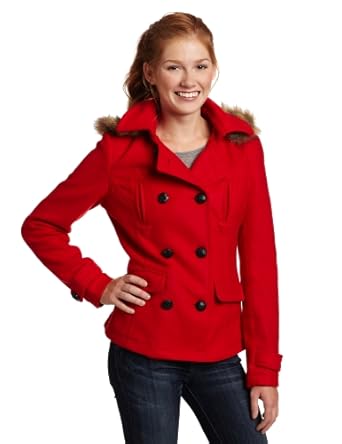 Southpole Juniors Faux Fur Hooded Double Breasted Fashion Peacoat