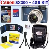 Canon PowerShot SX200IS 12.1 MP Digital Camera (Blue) + 4GB Accessory Kit