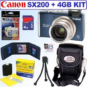 Canon PowerShot SX200IS 12.1 MP Digital Camera (Blue) + 4GB Accessory Kit
