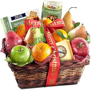 Golden State Fruit Merry Christmas Fruit Basket with Cheese and Nuts, 5 Pound