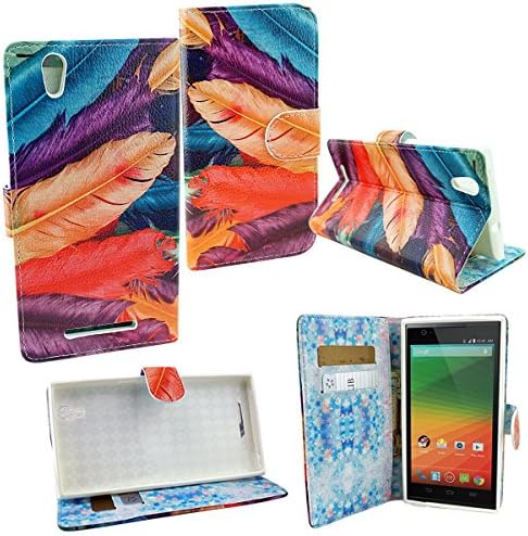Mstechcorp- ZTE ZMAX Z970 (T-Mobile) Wallet Pouch Case, Two Tone PU Leather Flip Wallet Credit Card Cover Case - Includes [Car Charger] + [Touch Screen Stylus] + [Hands Free Earphone With Carrying Case] + [2 Data Cables] (COLORFUL Feather)